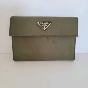 PRADA Tessuto Khaki Green Nylon Leather Logo Plate Wallet Medium Envelope Medium